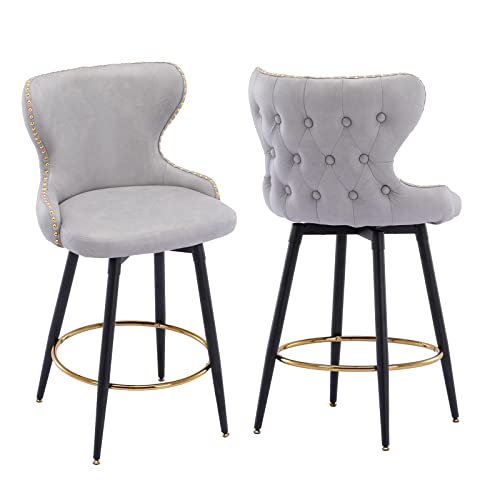 Setawix Swivel Counter Height Bar Stools Set Of 2 Pu Upholstered Counter Stools 25" Curved Wingback Kitchen Island Stool Dining Chairs With Nailhead Trim (Light Grey) #TOP3