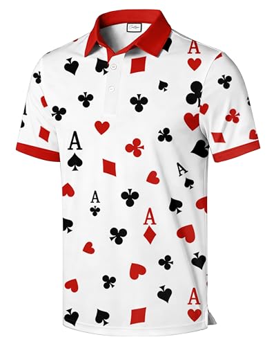 COOLLYME Men's Golf Polo Shirt, Playing Cards Print, White