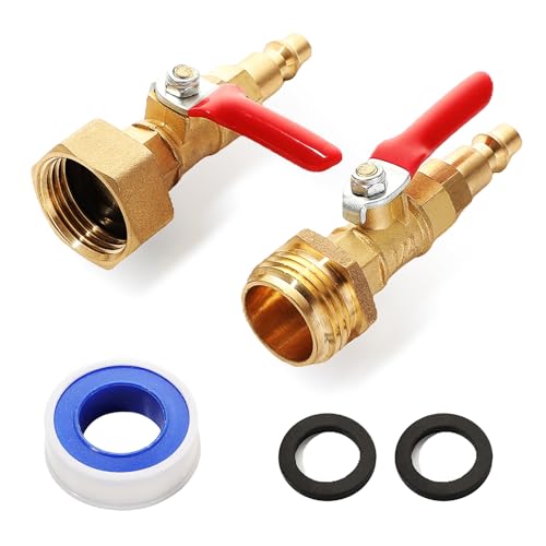 RV Winterize Blowout Adapter Kit 1/4 Quick Connect Plug 3/4 Garden Hose Thread with Ball Valve and Washers Heavy-Duty Brass Fitting for RV Boat Camper and Trailer Systems