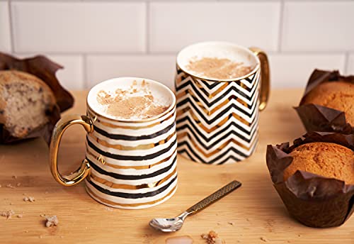 Kook Coffee Mug Set, Fine Porcelain China, Tea Cups With Large Handles, Geometric Design With Metallic Gold Accents, 14.8 Oz, Black And Gold, Set Of 2 #TOP2
