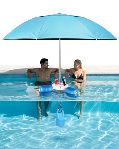 Floating Pool Umbrella 6.6ft - Portable UV Sun Shade Canopy with 3 Drink Holders Stability Anchor Bag & Secure Floating Design - In-Water Use for Swimming Pools Lakes Beach and Outdoor Leisure (Blue)