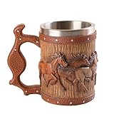 LAUGOKOBE Wooden Barrel Horse Beer Mug, 20oz Stainless Steel Horse Beer Stein Coffee Cup Horses Lover Gifts for Birthday Christmas, Renaissance Accessories Halloween Party Decoration Drinkware Gift
