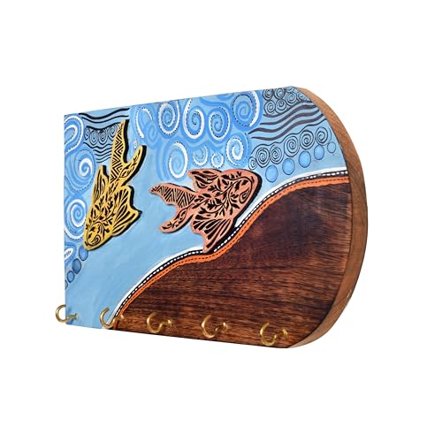 Image of AAKRITI ART CREATIONS Key Holder, Delphy Key Hanger with Fish Motif and Beautiful Artwork | Rustic Wooden Wall Organizer with 5 Hooks | Storage Shelf for Keys, Hats | Multifunctional Entryway Decor