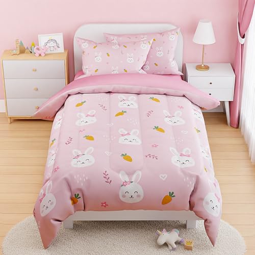 Image of SANDJEST Rabbit Comforter Set Twin Size 68x86in for Kids Girls, Microfiber 3 Pcs Bedding Set Includes 1 Comforter, 1 Pillowcase, 1 Fitted Sheet, Nursery Room Decor