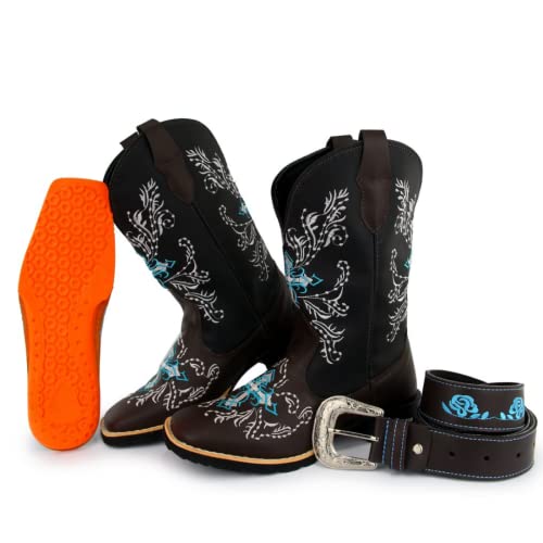 Kit Bota Texana Feminina Couro Country Bico Quadrado Café Azul com Cinto 10000 Tamanho:36;Cor:Marrom