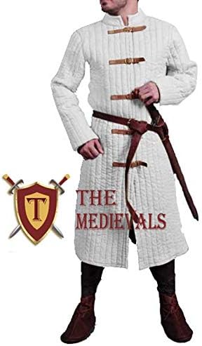 Medieval Thick Padded Full Length Gambeson Coat Aketon Jacket Armor, White - X-Large