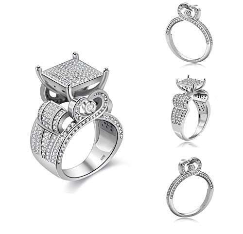 Uloveido 3 Pieces Bridal Stacking Rings Set Wedding Engagement Heart Rings Set Platinum Plated Jewelry Stacking Rings Set for Women Female Anniversary Ring Gift with Cubic Zirconia Stones Y451