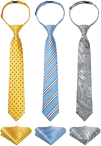 3pcs Boys Ties 8-10 Kids Pre-Tied Tie and Pocket Square Neck Strap Clip on Ties for Boys Formal Wedding Graduation School Uniforms Neckties