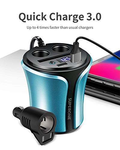 180W 3-Socket Cigarette Lighter Splitter w/ QC3.0 Quick Charge, SUPERONE 12V/24V Cigarette Lighter Adapter 5.4A Dual USB Car Charger for iPhone 11/X/XR/8/7, Galaxy S10/S9/S8 and More