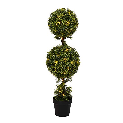 Vickerman Everyday 3 Foot Tall Artificial Pre-Lit LED Boxwood Topiary Double Ball Tree - UV Resistant Indoor Outdoor - Potted Natural Green - Home Patio Faux Decor -  TP170736LED