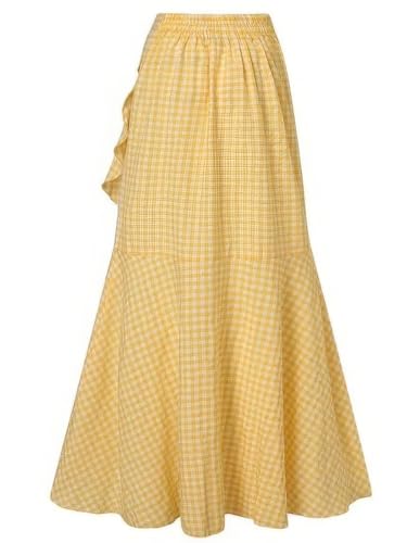 ebossy Womens Plaid Mermaid Skirt Tie Front Asymmetrical Ruffle A-Line Flowy Swing Fishtail Long Skirt3