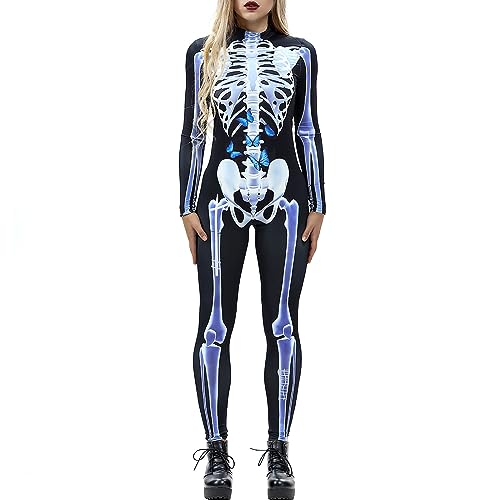 Gerophor Halloween Skeleton Costume Women Cosplay Bodysuit Outfit 3D Print Bone Skull Skinny Catsuit Jumpsuit
