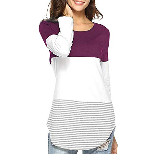 JiaMeng Camisas Mujer, Nuevo Blusas para Mujer Camiseta Tops elásticas de Manga Larga a Rayas de Manga Larga Diaria Blusas(Rosa Caliente,L)