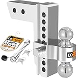 LOCAME Adjustable Trailer Hitch, Fits 2-Inch Receiver, 8-Inch Drop/Rise Aluminum Drop Hitch, 12,500 LBS GTW-Tow Hitch for Heavy Duty Truck with Double Stainless Steel Locks, Silver, LC0004
