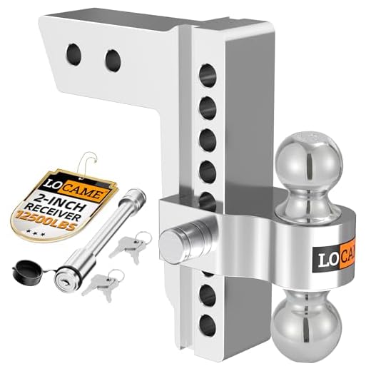 LOCAME Adjustable Trailer Hitch, Fits 2-Inch Receiver, 8-Inch Drop/Rise Aluminum Drop Hitch, 12,500 LBS GTW-Tow Hitch for Heavy Duty Truck with Double Stainless Steel Locks, Silver, LC0004