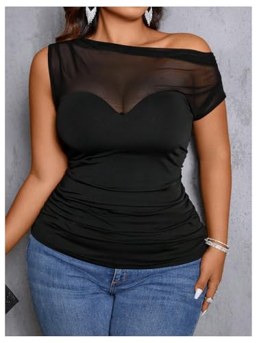 SOLY HUX Women's Plus Size Tops Sheer Mesh Off Shoulder Short Sleeve Ruched Tee Summer T Shirts4