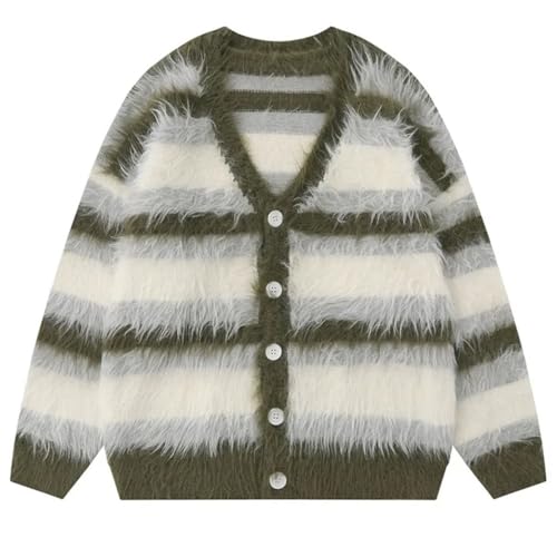 Men Striped Knit Cardigan Sweater V-Neck Loose Fit Casual Street Style Soft Brushed Outerwear