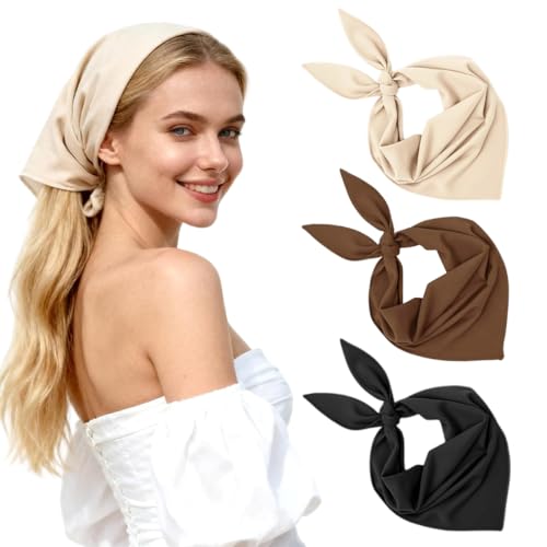 Image of MAYCREATE 3Pcs Bandana Scarf Fashion Bandanas for Women Girls Triangular Hair Scarf for Women Tie Back Countryside Style Soft Cotton Head Bands with Knot Design - Beige, Brown & Navy