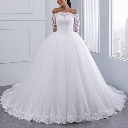 Hors de l'épaule dentelle appliquée manches longues robes de mariée avec train, Robes de mariée françaises blanches à longue queue robes de soirée personnalisées de grande taille femmes White 54 Cover