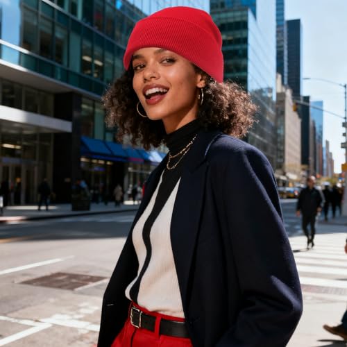 PFFY Beanie for Men Women Unisex Knit Cuffed Plain Winter Beanies Hats Skull Cap Red