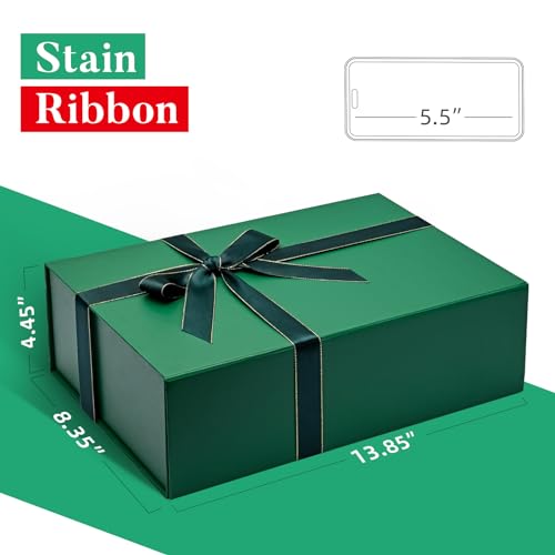 Image of LIFELUM Gift Boxes with Lids 2 Pack 13.85 x 8.35 x 4.45 inch Green Christmas Gift Boxes with Strong Magnetic Lid for Presents with Luxury Accessories Card, Ribbon, Filler,Sticker