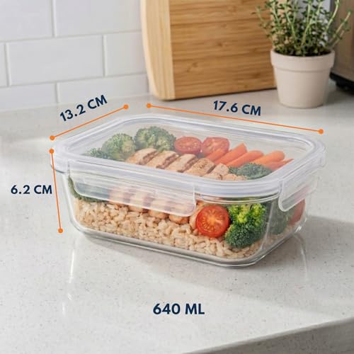 Image of Essentia Glass Lunch Box Borosilicate Container with Leakproof 4-Way Lock Lid, Removable Silicone Gasket, Anti-Slip Sleeve - Microwave & Freeze Safe, Dishwasher Safe (640ML)
