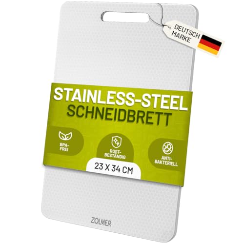 ZOLMER Edelstahl Schneidebrett 34×23 cm – Leicht & antibakteriell, Metall Schneidebrett mit Anti-Scratch-Muster, spülmaschinenfest, ohne Mikroplastik, BPA-frei, messerschonend, + 4 Anti-R