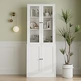 VOWNER 5-stöckiges Bücherregal mit Glastüren, 180 cm Vitrinenschrank, Küchenschränke, Küchenschrank Hochschrank, Buffetschrank für Küche, Wohnzimmer, Esszimmer, A (Weiß, 1PCS)