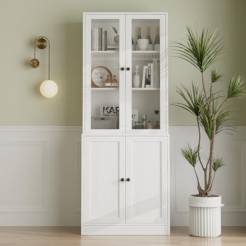 VOWNER 5-stöckiges Bücherregal mit Glastüren, 180 cm Vitrinenschrank, Küchenschränke, Küchenschrank Hochschrank, Buffetschrank für Küche, Wohnzimmer, Esszimmer, A (Weiß, 1PCS)