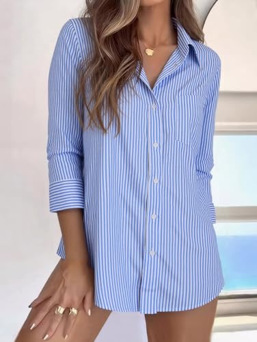 Beninos Striped Button Down Shirts for Women Dress Shirts Long Sleeve Casual Collared Office Work Shirt with Pocket