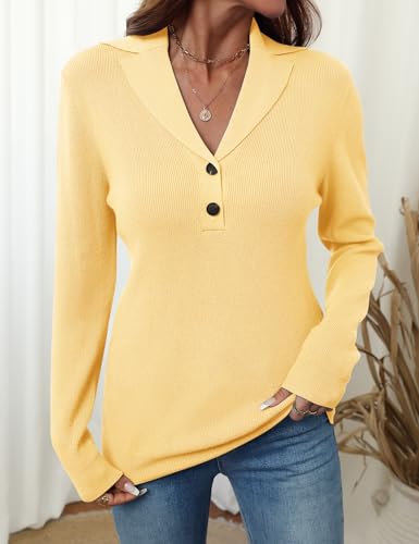 Image of LOMON Sweaters for Women 2025 Fall Knitted V-Neck Collared Button Pullover Dressy Casual Long Sleeve Polo Shirts Business
