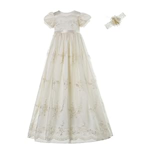 NIMBLE Baby Girls Newborn Christening Embroidered Gown Dress Outfit with Headband,0-15M