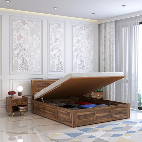 Image of Ganpati Arts Sheesham Wood Swiss Queen Size Bed with Hydraulic Storage | Wooden Double Bed Cot Palang Furniture for Bedroom, Living Room, Hotel, Home (Teak Finish)