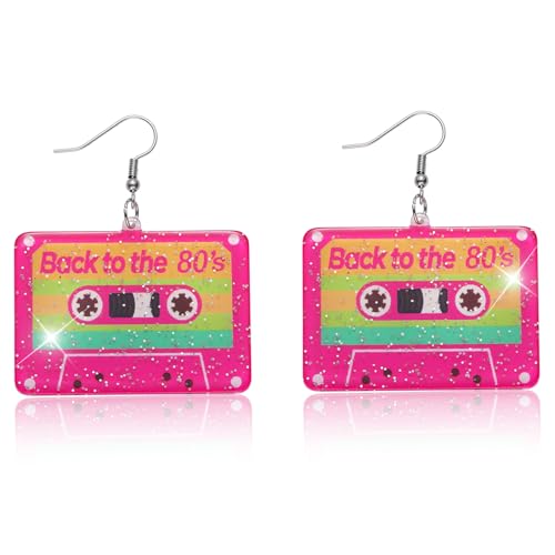 80s Earrings for Women Sparkling Back to the 80’s Cassette Tape Earrings Acrylic Drop Dangle Earring for Glow Party Halloween Cosplay Jewelry