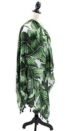 Stylesilove Womens Cozy Tassels Oblong Cotton Scarf Lightweight Shawls Wrap (Palm Leaf/Green) #TOP2