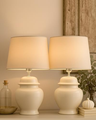 Image of Homesake Ceramic Pot Shaped Base White Led Table Lamp Classic Desk Lamp For Living Room Bedroom, Farmhouse Nightstand Lamps Round, With Shade, (Khadi Pack Of 2)