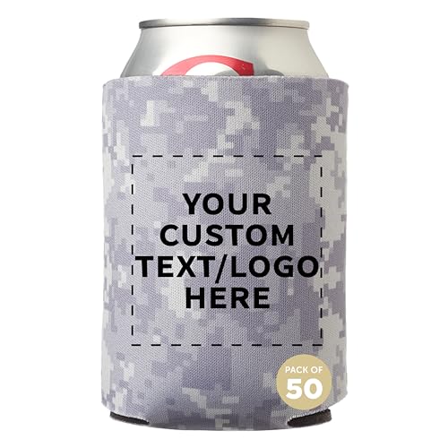DISCOUNT PROMOS Custom Collapsible Beer Can Coolers 3mm Set of 50, Personalized Bulk Pack - Great for Beer, Soda, Other Beverages - Digital White
