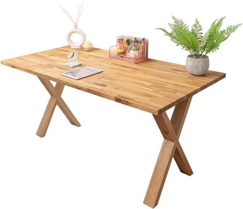 domli Solid Wood Oiled Oak Office Desk With Oak Wooden X Legs | 1200mm x 600mm x 27mm | Fully Finished Premium European Wooden Tabletop And Leg