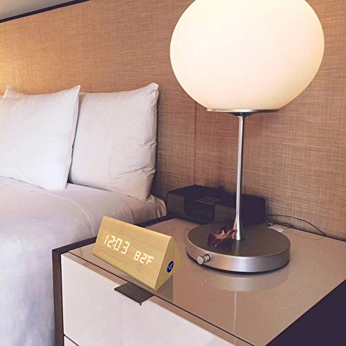 Digital Alarm Clock, Triangle Wooden Clock With Led Display, 3 Alarm Settings, 4 Brightness And Temperature, Time & Date, Decor Digital Clock For Bedroom & Bedside (Bamboo) #TOP1
