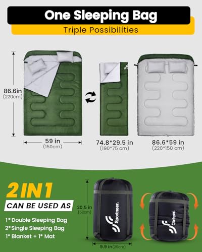Double Sleeping Bag: Sportneer Sleeping Bag for Adults with Pillow, Two Person Sleeping Bag for All Season Camping Hiking Backpacking 2 Person Sleeping Bags for Cold Weather & Warm, Green - Image 2