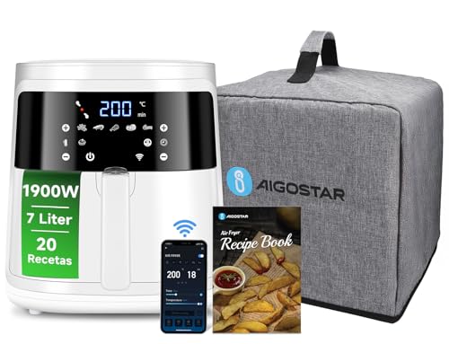 Aigostar Freidora de aire XXL con Cubierta Antipolvo, 7L air fryer, 1900W y Cuenta con función de mantener caliente, Libro de recetas incluido, panel LED táctil, Doble uso: con cesta o cajón, sin BPA