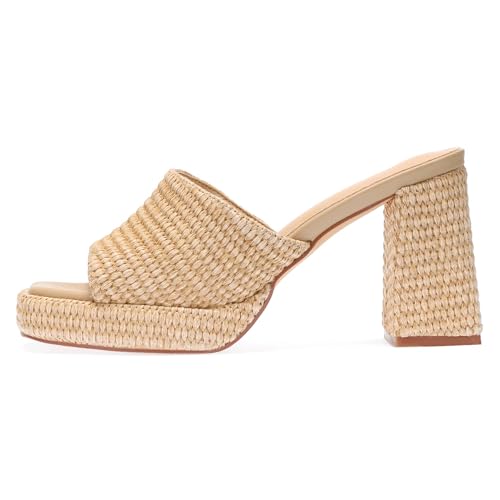 Raffia Platform Heels for Women – Chunky Block Heel Wedge Sandals, Open Square Toe Slip On Summer Beach Vacation Sandals3