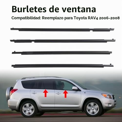 4 Burletes para Ventana con Sellos Impermeables para RAV4 2006-2008, Piezas de Moldura de Goma 75740 42020, Moldura de Ventana de Coche Delantera Trasera Izquierda Derecha a