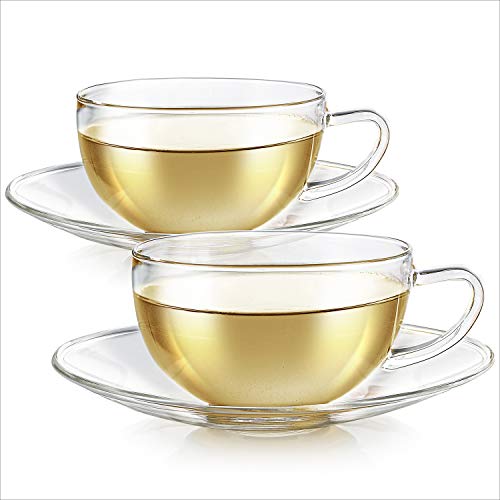 Teabloom Kyoto Teacup And Saucer Set 2-Pack – Medium Size – 8 Oz/ 240 Ml Capacity – Crystal Clear Design – Healthful Premium Borosilicate Glass – Heat Resistant, Microwave Safe #TOP9