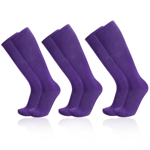 YA BELT 3 Pairs Youth Deep purple Softball Socks for Girls Boys Knee High Soccer Baseball Sock for Women Men (Medium)