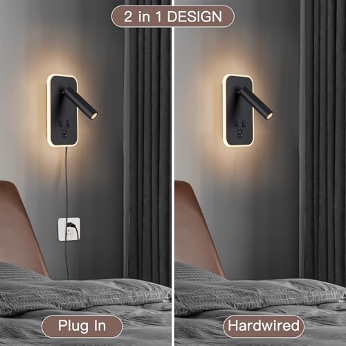 Image of Bed Reading Light, Wall Mounted Reading Fixture with USB C+A Ports, Adjustable Headboard Sconces, Plug-in or Hardwired Bedside Lamp, Modern Black 10W+3W 3000K Warm Ambient lighting for Bedroom