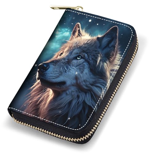 stmedazm Credit Card Holder Wallets for Women, RFID Blocking Small Leather Card Case Wallet with Zipper Accordion Wallets - Wolf