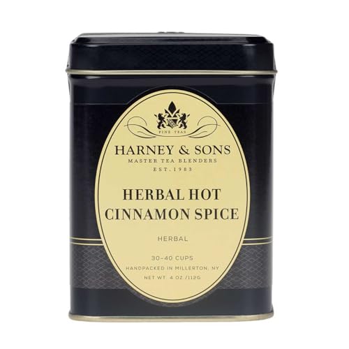 Harney & Sons Herbal Tea, Hot Cinnamon Spice, Caffeine-Free Rooibos, Sweet Spicy Cinnamon Clove Orange, 4 oz Loose Leaf Tin, Delicious Gourmet Herbal Tea Blend, Great Stocking Stuffer