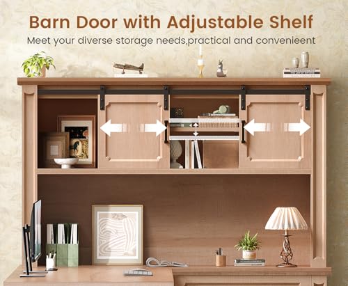 Image of SEDETA 67 inch Farmhouse Desk with Hutch, L Shaped Office Desk with 4 Drawers & Storage Cabinet, Executive Corner Computer Desk with Sliding Doors, File Drawer & Power Outlet for Home Office, Oak
