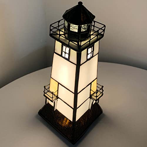 Bieye L10727 Lighthouse Tiffany Style Stained Glass Accent Table Lamp Night Light With Lookout Platform For Home Decoration (5X5X9, Brown) #TOP4